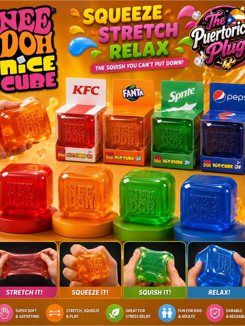 NeeDoh Squeeze Stretch Relax Sensory Cube - Red, Orange, Green, Blue